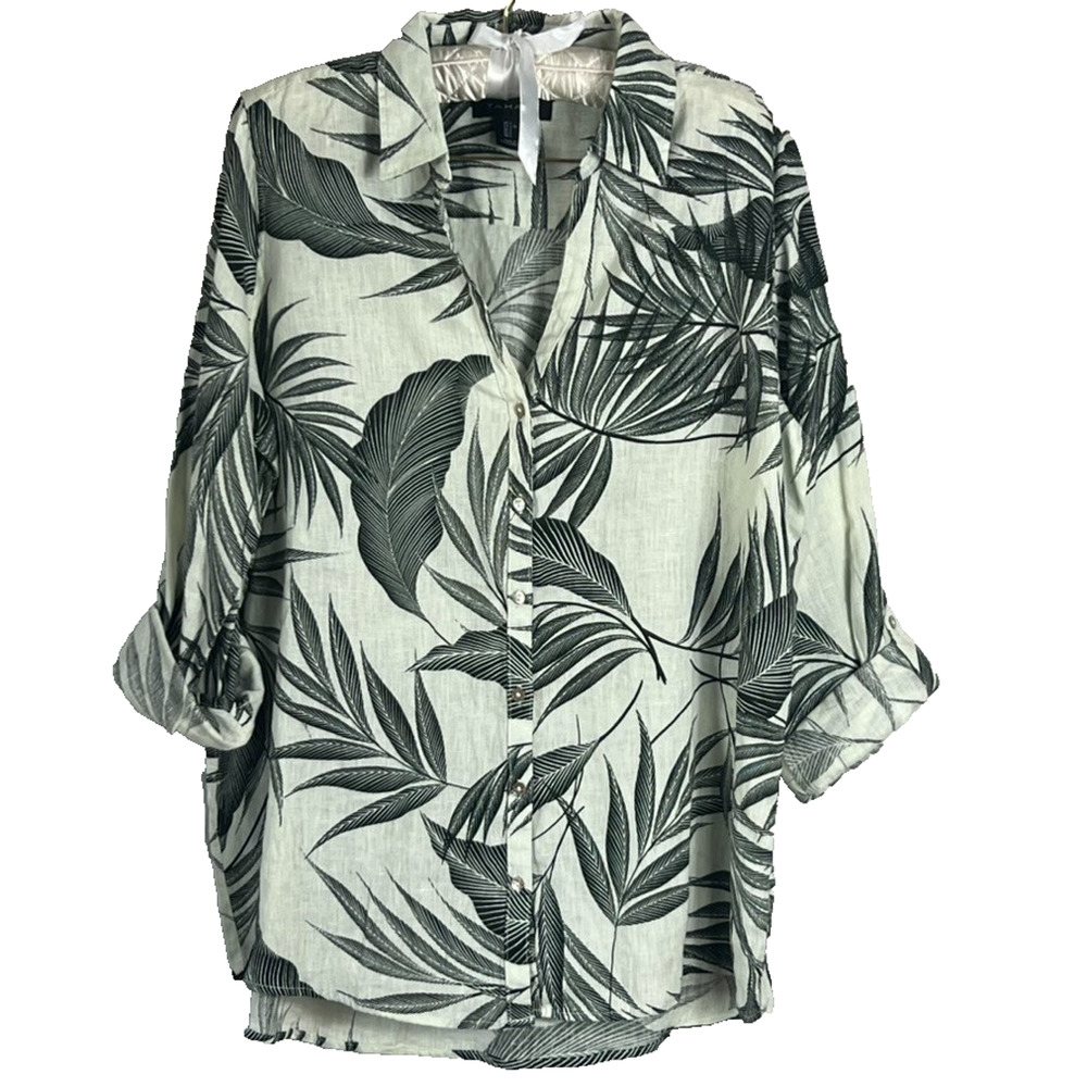 Tahari Tunic Shirt Dress Women’s Size Medium Tan Black Botanical Leaf 100% Linen